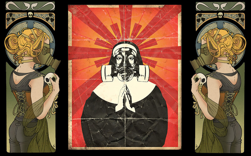 Nun in gas mask propaganda art