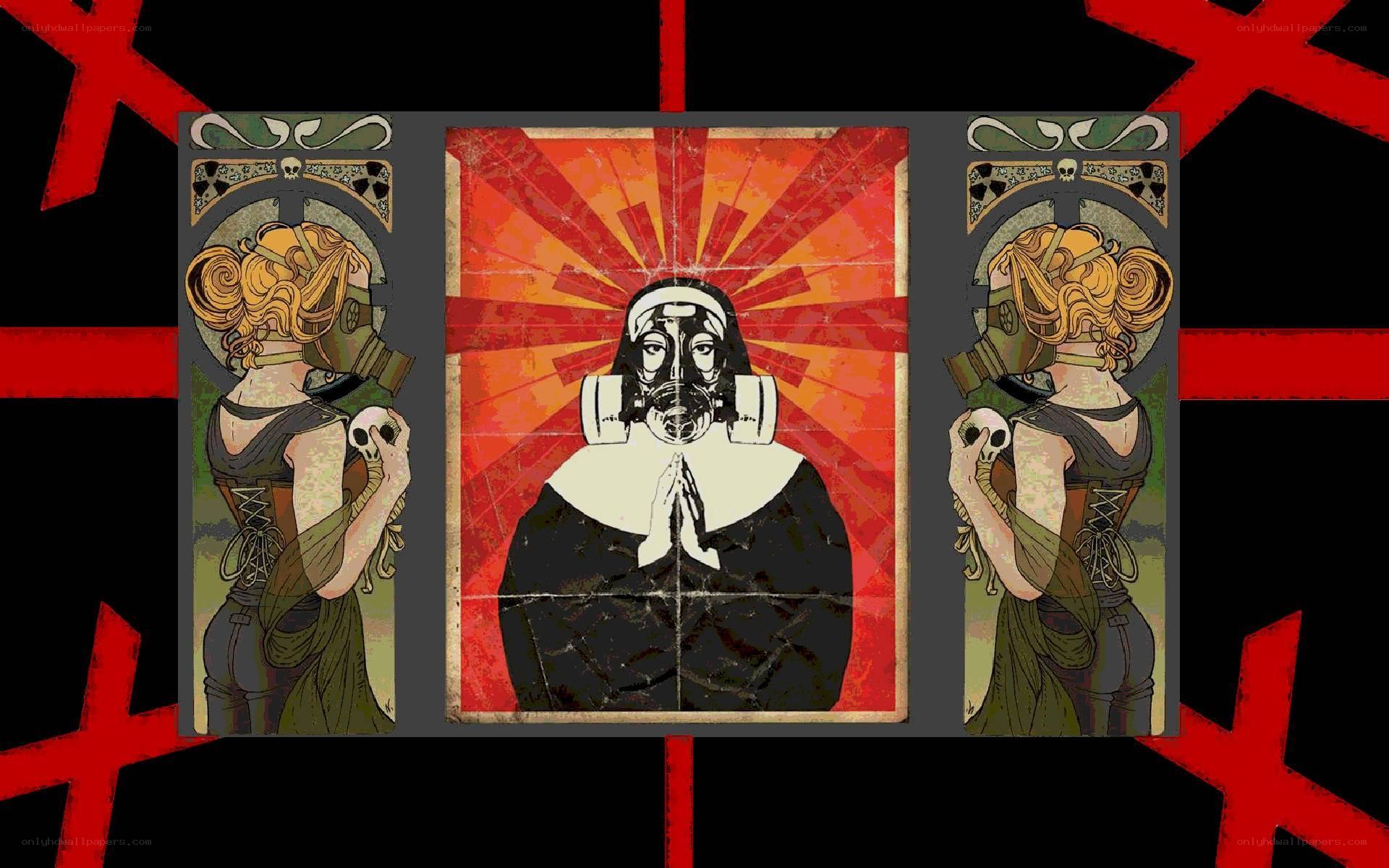 Nun in gas mask triptych