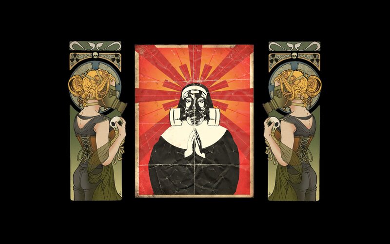 Nun in gas mask triptych