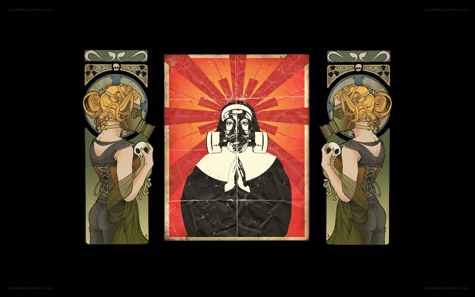 Nun in gas mask triptych