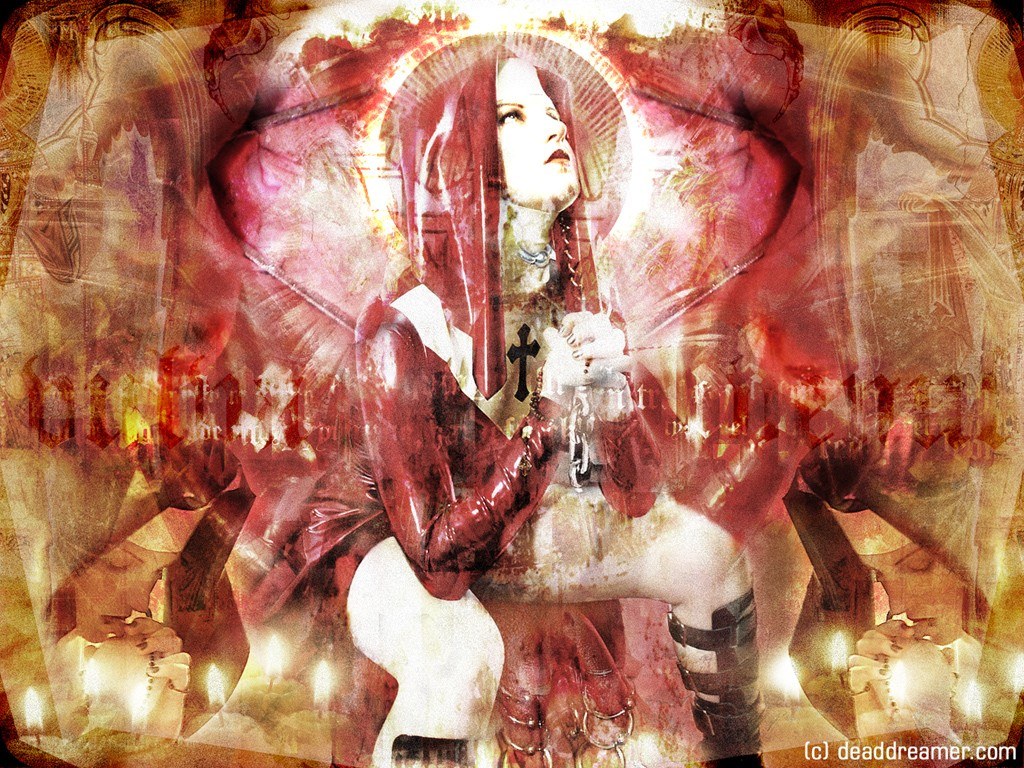 Nun in red with cross