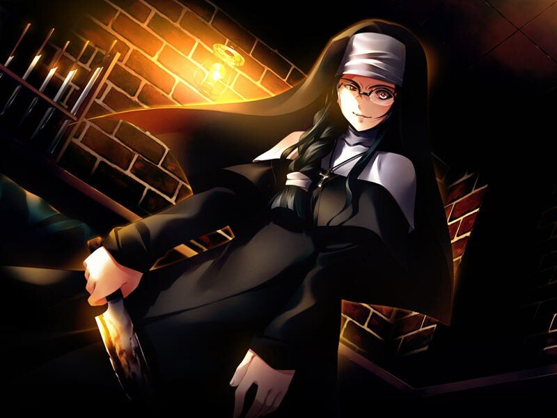 Nun with a knife in a dark room