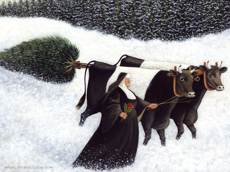 Nun with Cows in Snow