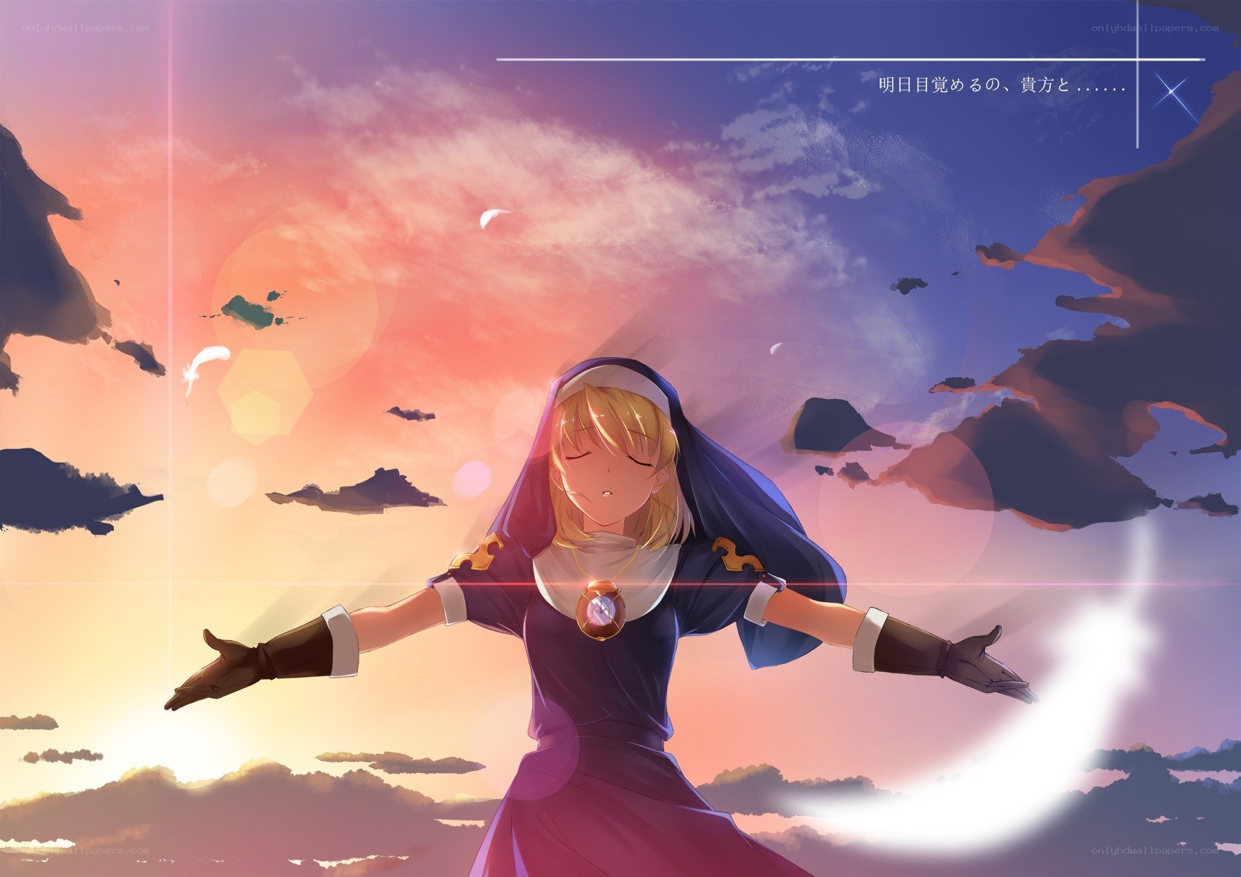 Nun with outstretched arms at sunset