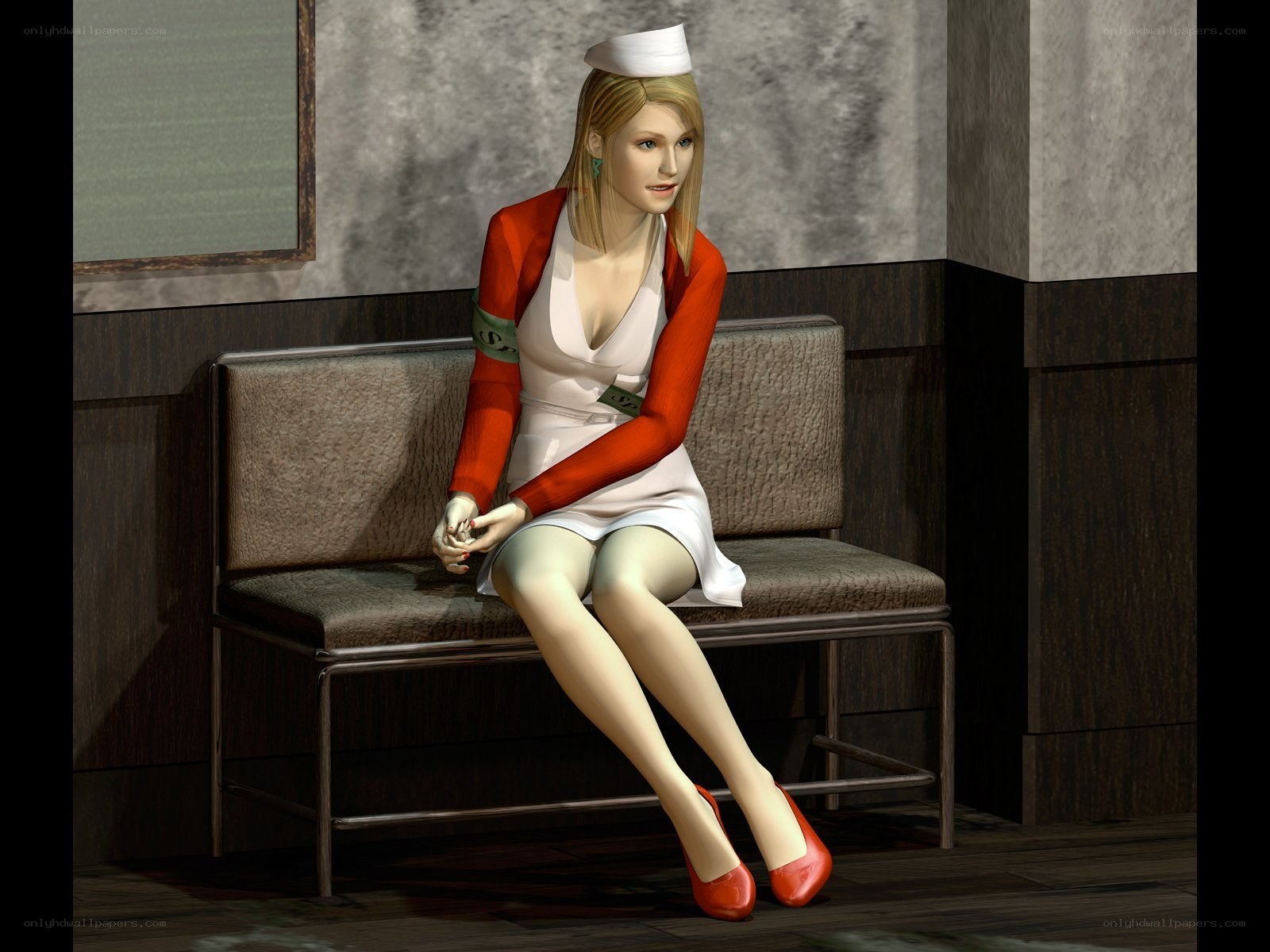 Nurse character sitting on bench