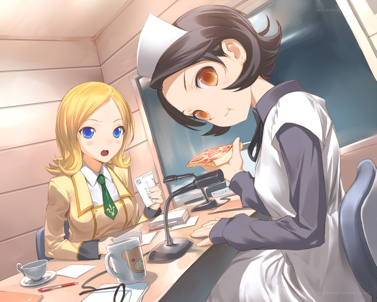 Nurse eating pizza with student