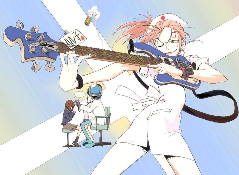 Nurse playing bass guitar