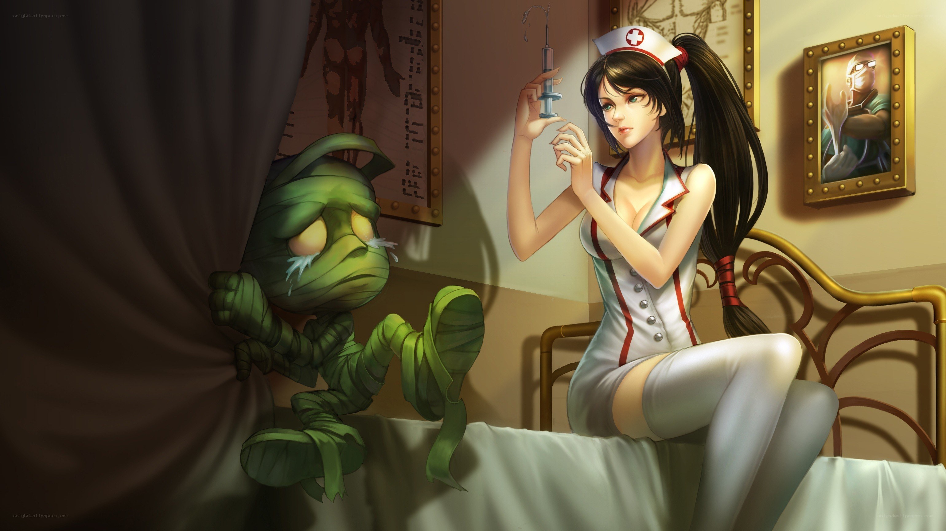 Nurse with syringe and mummy