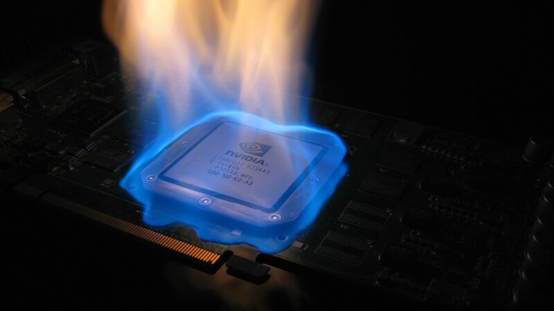 NVIDIA GPU on Circuit Board — Blue, Dramatic