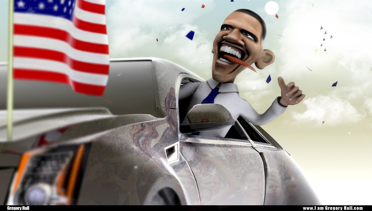 Obama in car with American flag