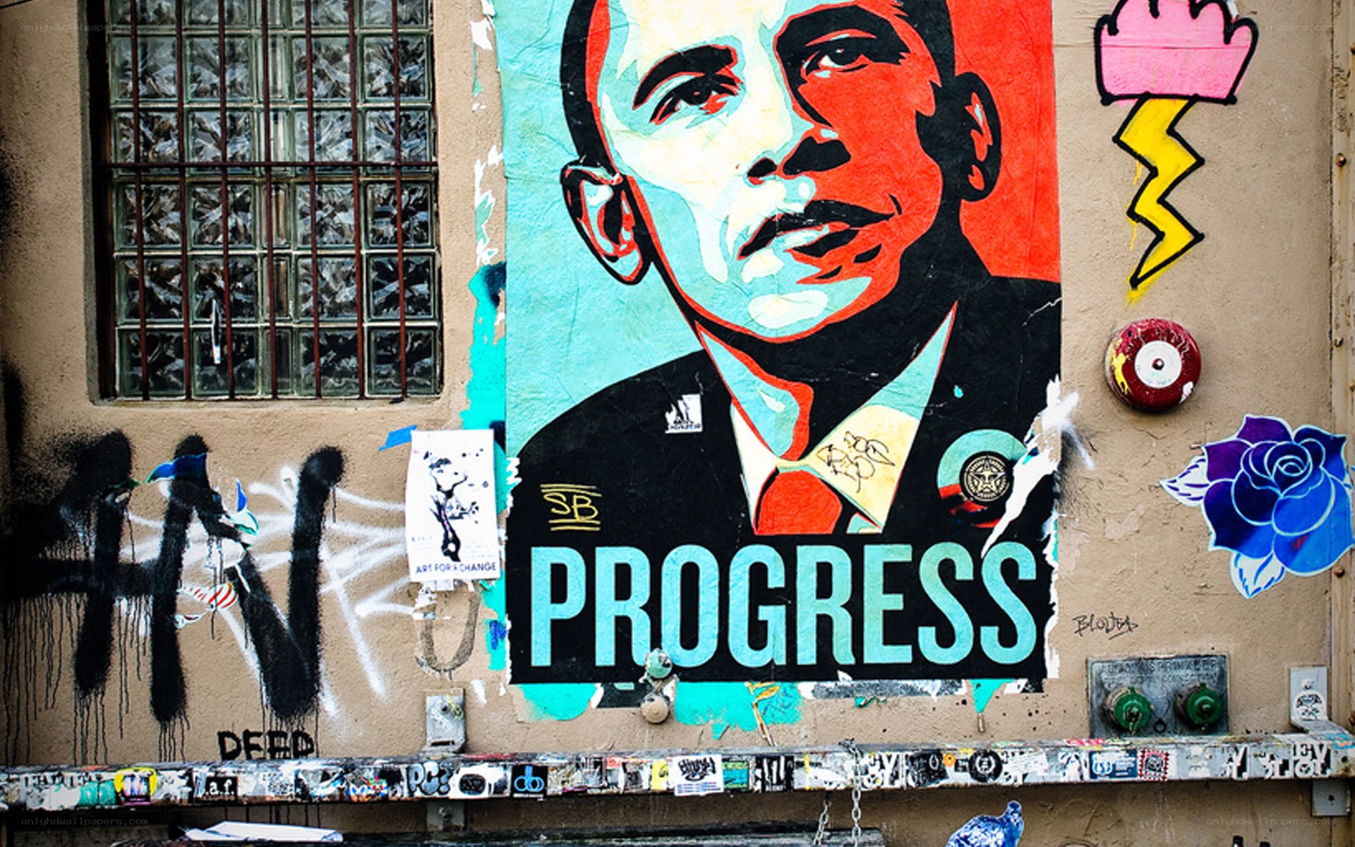 Obama progress poster on wall