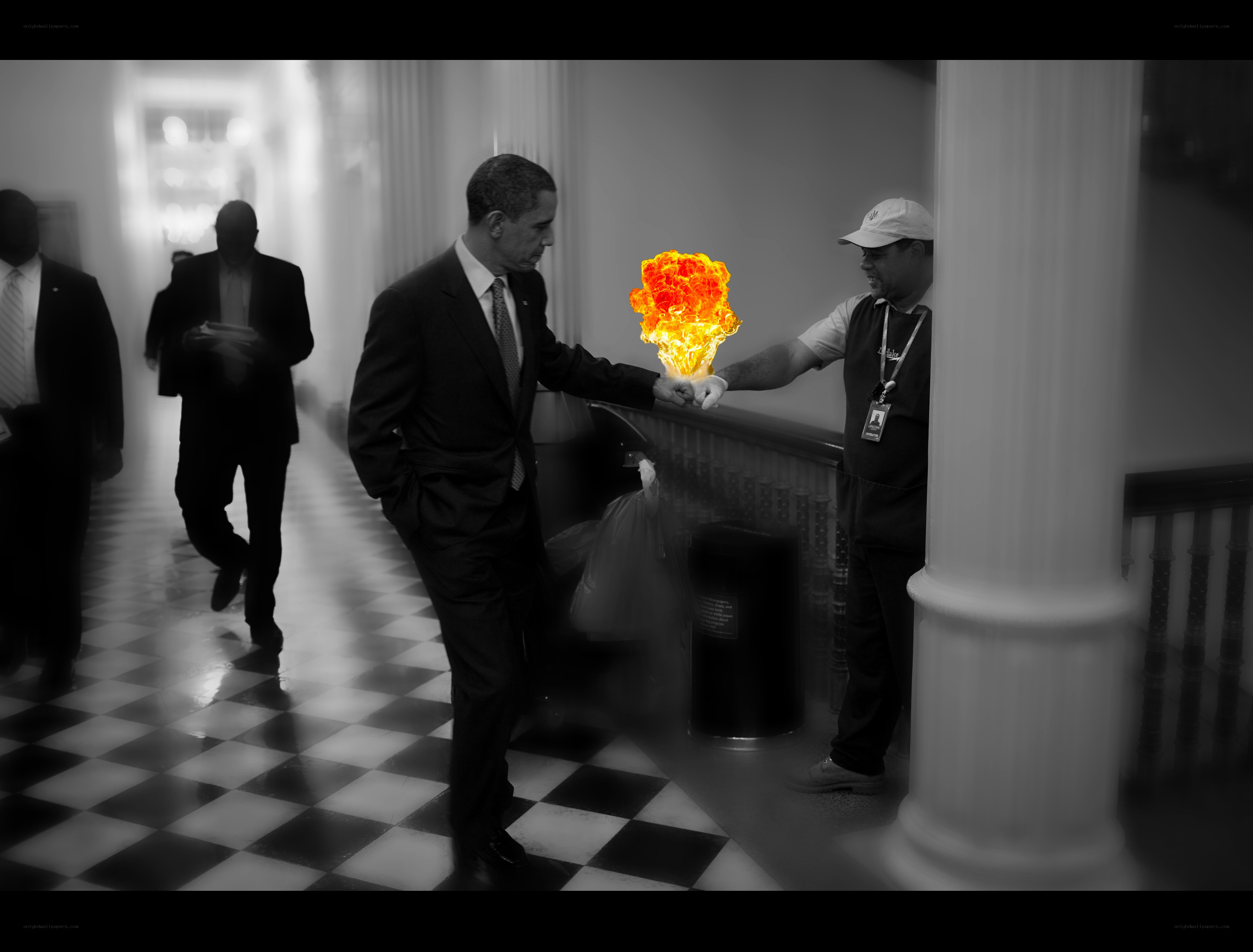 Obama shaking hands with fire