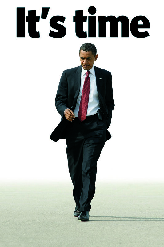 Obama walking with text