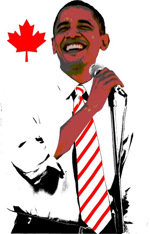 Obama with microphone and maple leaf