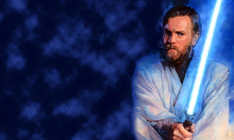 Obi-Wan Kenobi with Lightsaber — Blue, Dramatic, Night