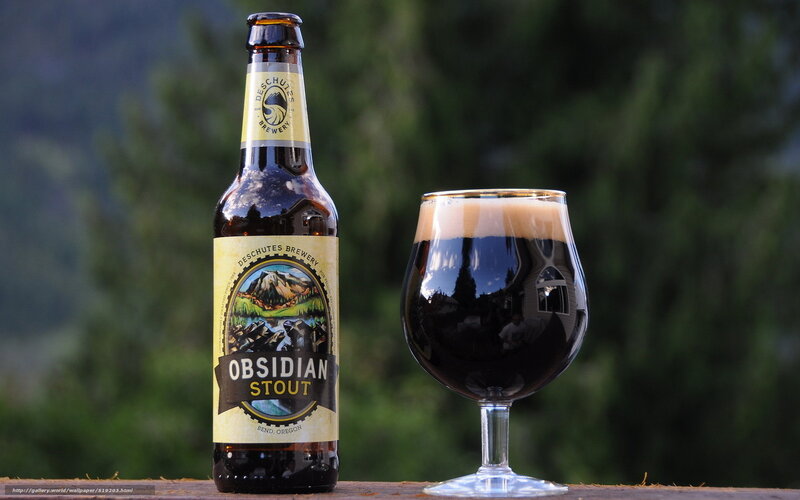 Obsidian Stout beer bottle and glass