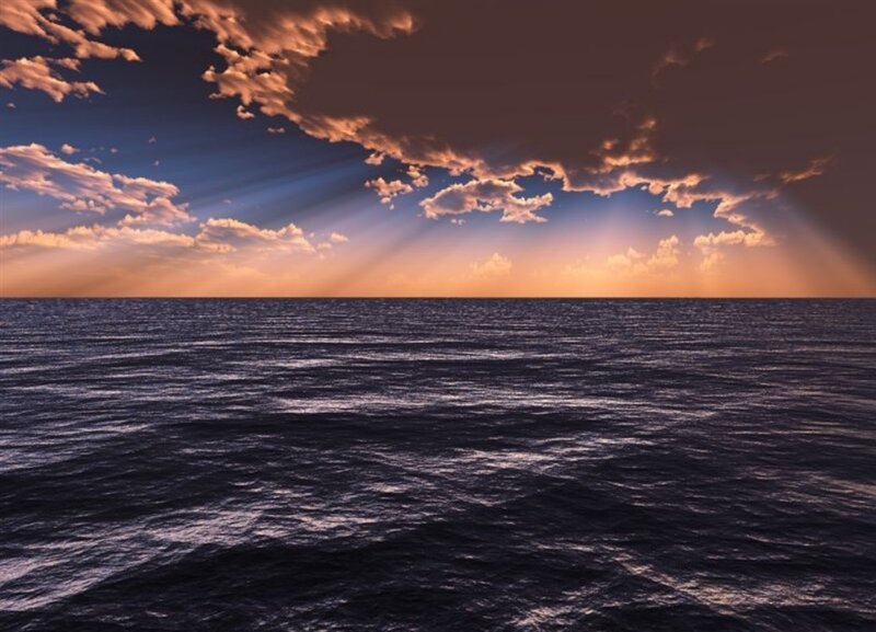 Ocean at Sunset — Blue, Dramatic, Digital Art, Sky, Clouds, Sunlight, Orange