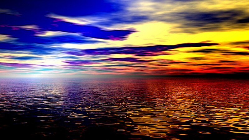 Ocean at Sunset — Blue, Dramatic, Digital Art, Sky, Clouds