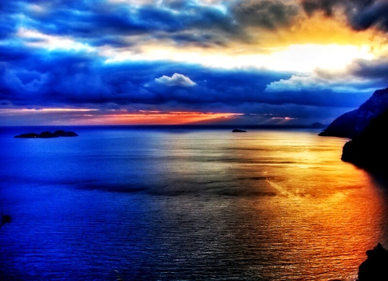 Ocean at Sunset — Blue, Dramatic, Photograph, Clouds, Islands