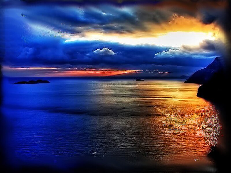 Ocean at Sunset — Blue, Dramatic, Photograph, Clouds, Mountain