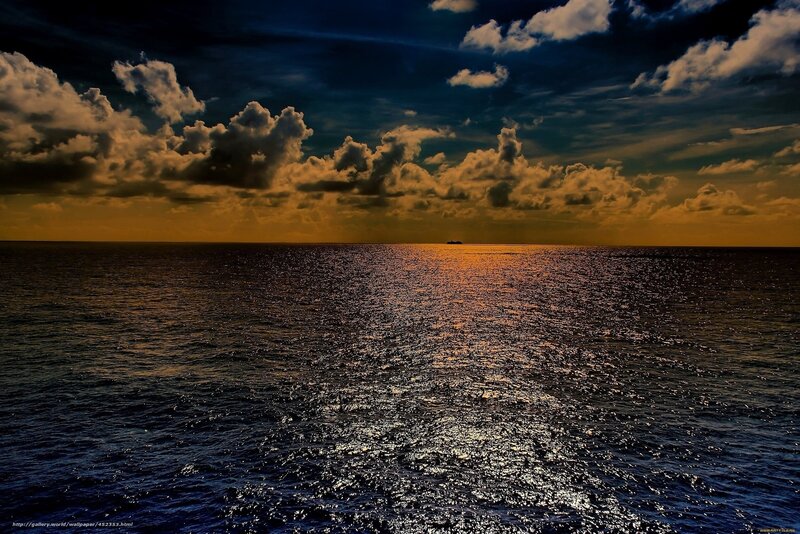 Ocean at Sunset — Blue, Dramatic, Photograph, Clouds, Ship, Sky