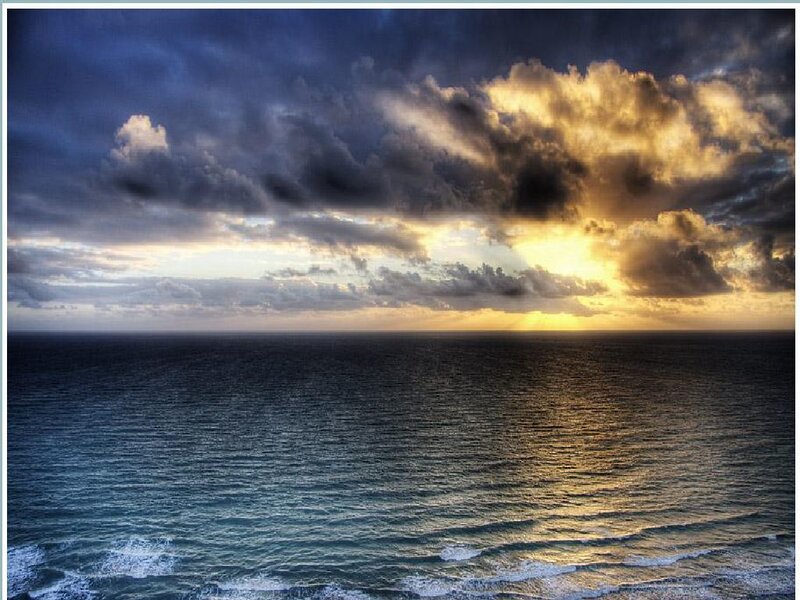 Ocean at Sunset — Blue, Dramatic, Photograph, Clouds, Sun, Waves