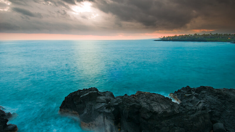Ocean at Sunset — Blue, Dramatic, Photograph, Rocks, Clouds, Coastline