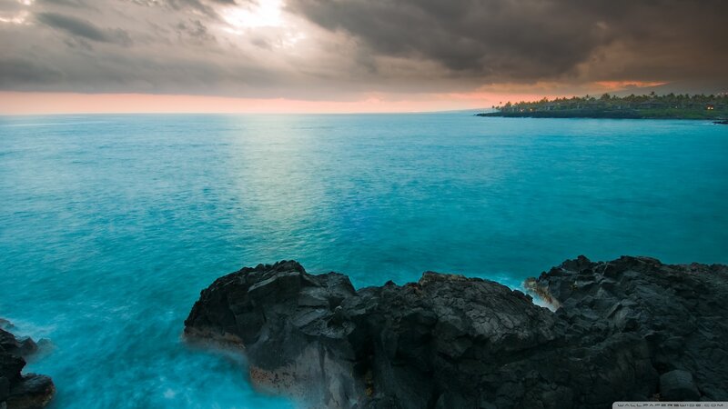 Ocean at Sunset — Blue, Dramatic, Photograph, Rocks, Clouds