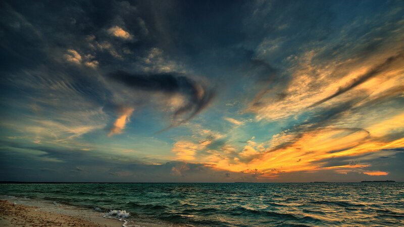 Ocean at Sunset — Blue, Dramatic, Photograph, Sky, Clouds, Beach