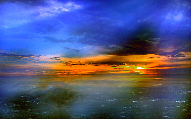 Ocean at Sunset — Blue, Dramatic, Photograph, Sky, Clouds, Sun