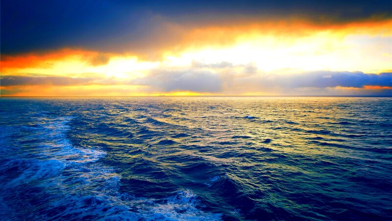 Ocean at Sunset — Blue, Dramatic, Photograph, Sky, Clouds, Waves