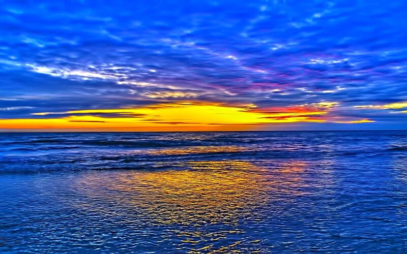 Ocean at Sunset — Blue, Dramatic, Photograph, Sky, Clouds, Waves, Yellow