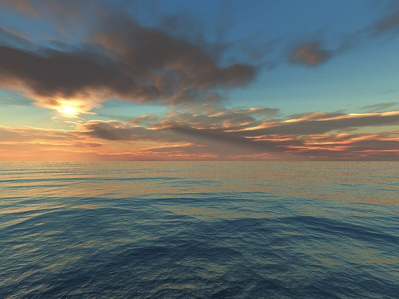 Ocean at Sunset — Blue, Serene, Digital Art, Sun