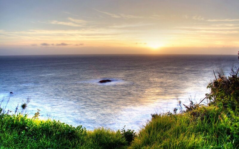 Ocean at Sunset — Blue, Serene, Photograph, Grass