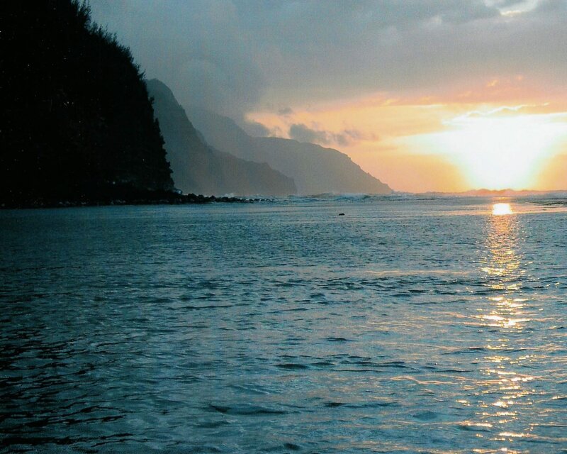 Ocean at Sunset — Blue, Serene, Photograph, Mountain, Sun
