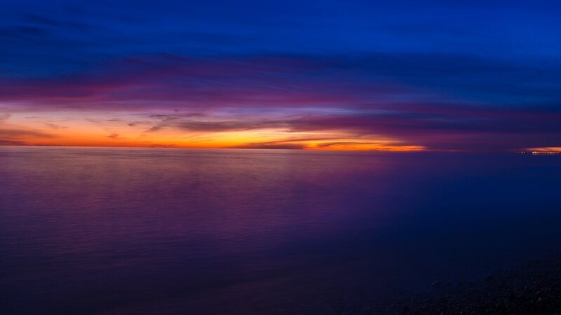 Ocean at Sunset — Blue, Serene, Photograph, Sky, Clouds, Horizon, Purple