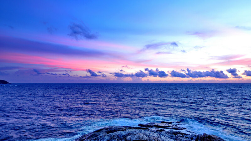 Ocean at Sunset — Blue, Serene, Photograph, Sky, Clouds, Rocks