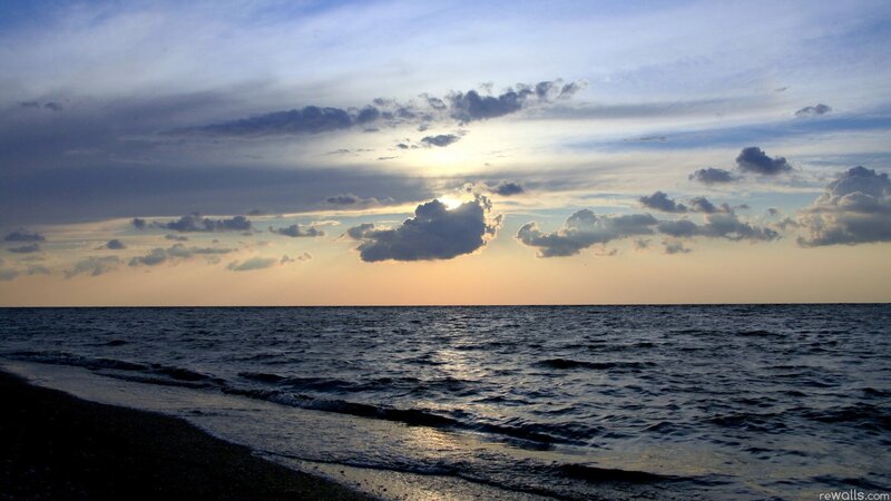 Ocean at Sunset — Blue, Serene, Photograph, Sky, Clouds, Waves, Orange