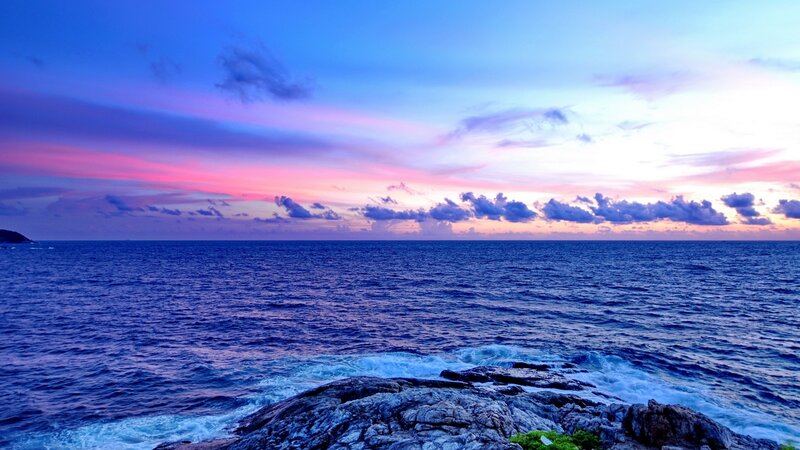 Ocean at Sunset — Blue, Serene, Photograph, Sky, Rocks