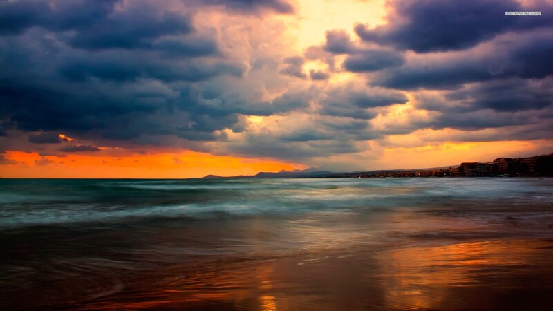 Ocean at Sunset — Orange, Dramatic, Photograph, Clouds, Beach