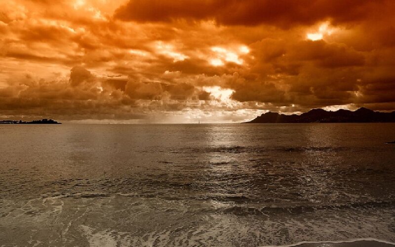 Ocean at Sunset — Orange, Dramatic, Photograph, Clouds, Island