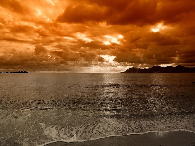 Ocean at Sunset — Orange, Dramatic, Photograph, Clouds, Mountains