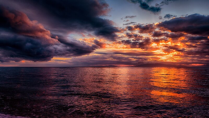 Ocean at Sunset — Orange, Dramatic, Photograph, Clouds, Sky, Mountains