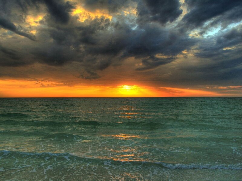 Ocean at Sunset — Orange, Dramatic, Photograph, Clouds, Sun