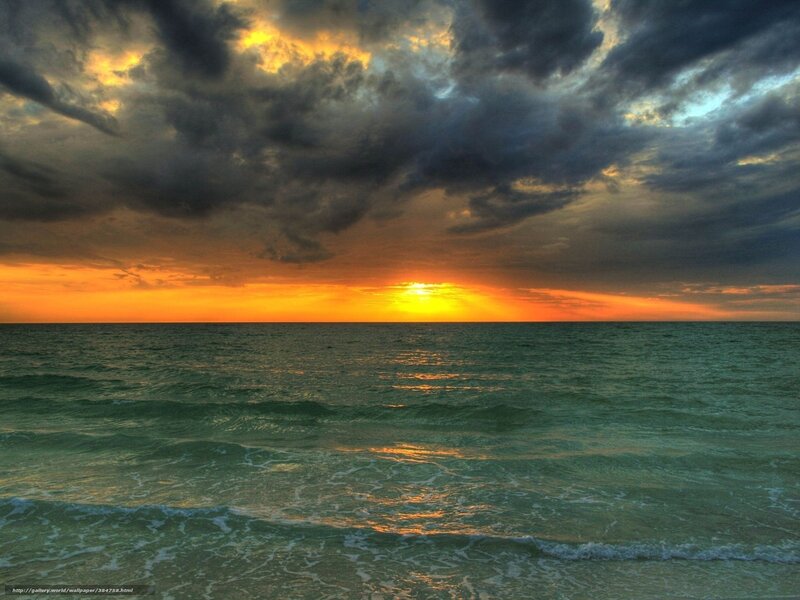 Ocean at Sunset — Orange, Dramatic, Photograph, Clouds, Sun, Waves