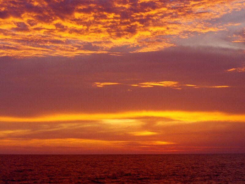 Ocean at Sunset — Orange, Dramatic, Photograph, Sky, Clouds, Horizon, Red