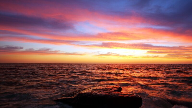 Ocean at Sunset — Orange, Dramatic, Photograph, Sky, Clouds, Rock