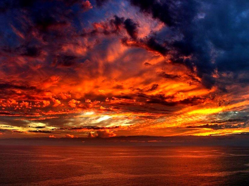 Ocean at Sunset — Orange, Dramatic, Photograph, Sky, Clouds, Sea, Red, Blue