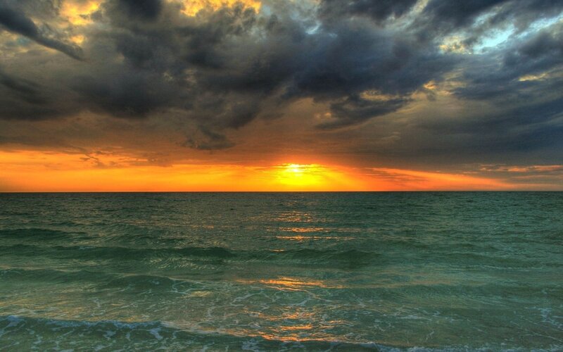 Ocean at Sunset — Orange, Dramatic, Photograph, Sky, Clouds, Sun, Blue