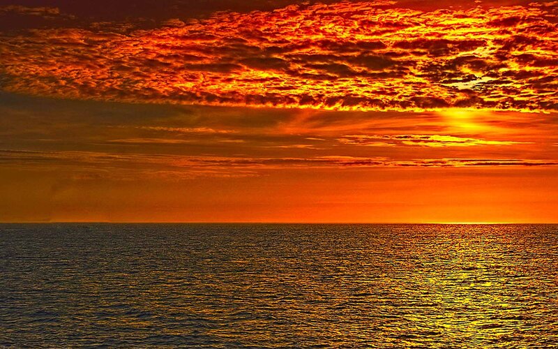 Ocean at Sunset — Orange, Dramatic, Photograph, Sky, Clouds, Sun